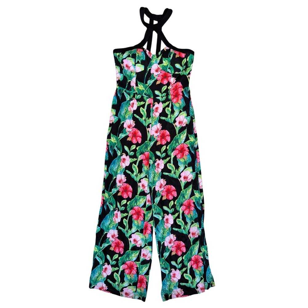 Splash Size 16 Jumpsuit Tropical Black Green Pink Floral Sleeveless Halter Neck‎
